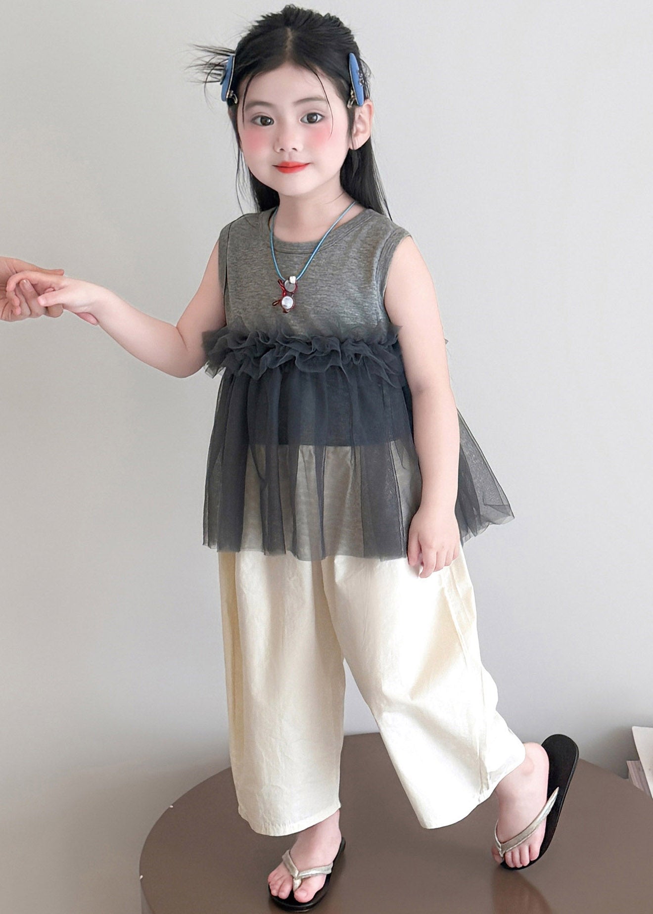 Chic Grey Tulle Patchwork Kids Top And Wide Leg Pants Two Pieces Set Sleeveless