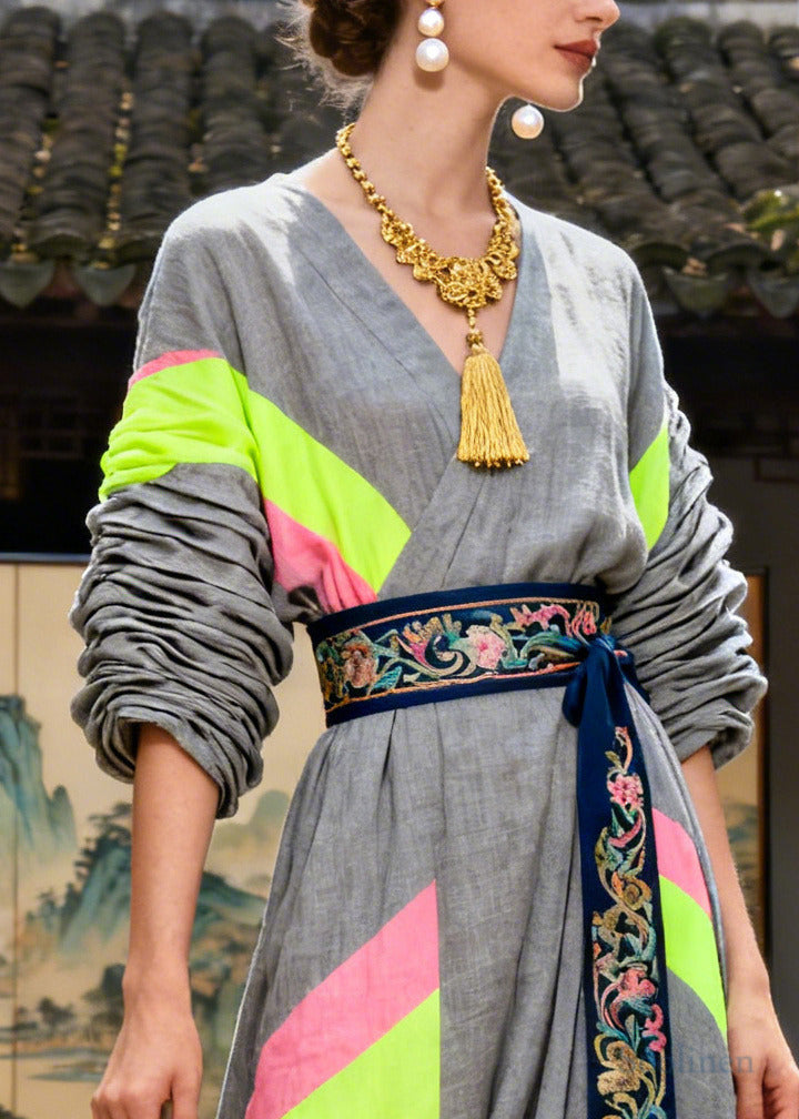 Chic Grey Tunic Patchwork Cotton Long Dresses Summer
