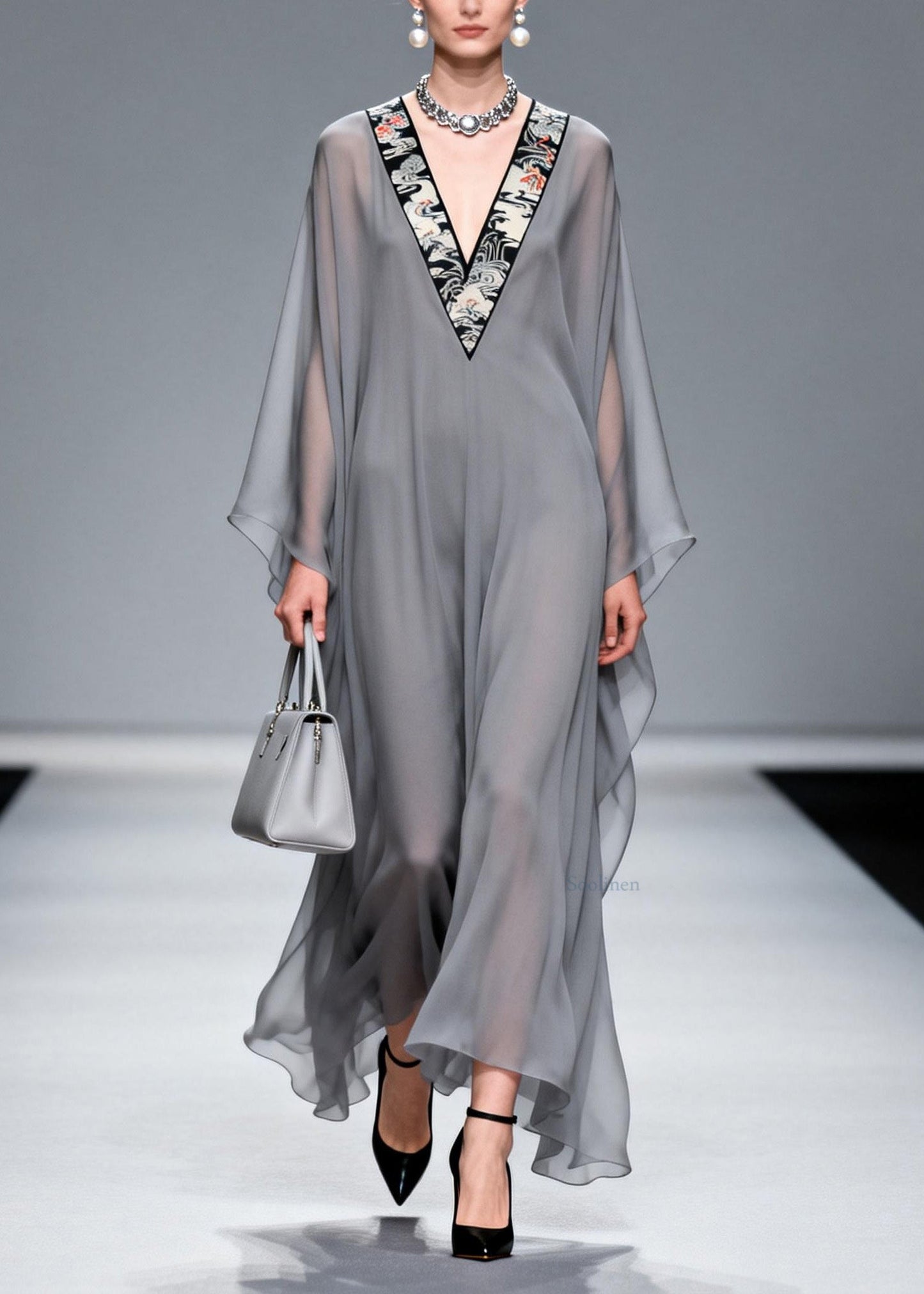 Chic Grey V Neck Patchwork Chiffon Long Dress Spring