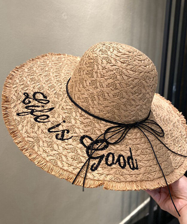 Chic Khaki Graphic Bow Straw Woven Floppy Sun Hat