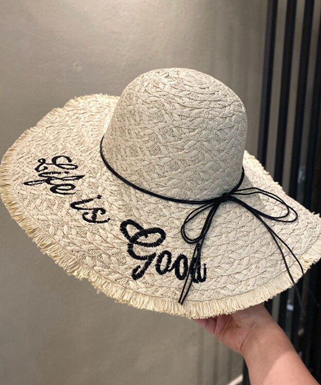 Chic Khaki Graphic Bow Straw Woven Floppy Sun Hat