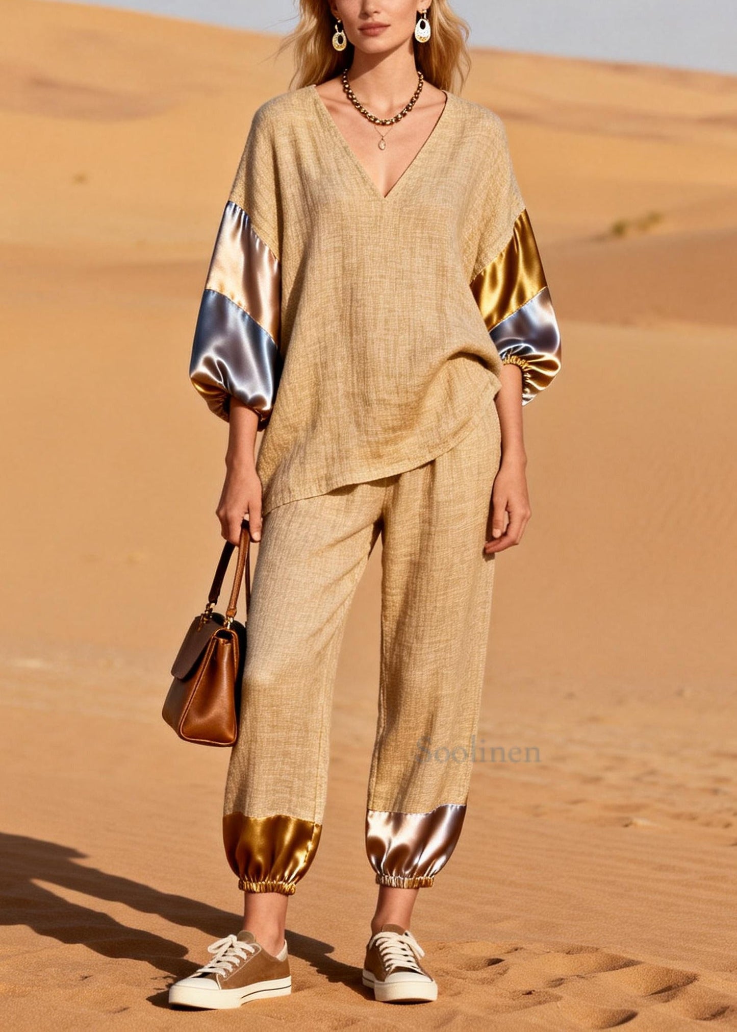 Chic Khaki Oversized Patchwork Linen Two Pieces Set Spring
