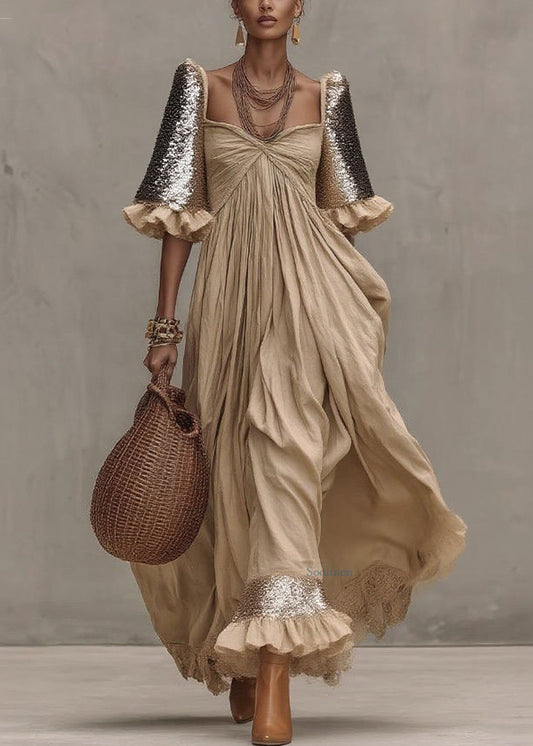 Chic Khaki Wrinkled Patchwork Maxi Dresses Short Sleeve