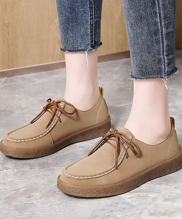 Chic Lace Up Flat Feet Shoes Brown Faux Leather