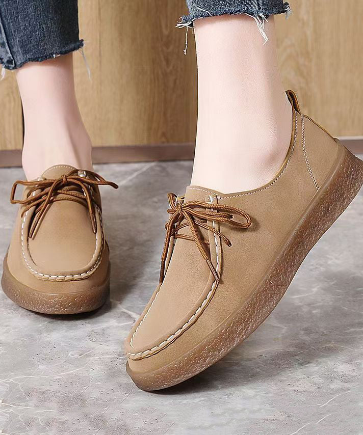 Chic Lace Up Flat Feet Shoes Brown Faux Leather