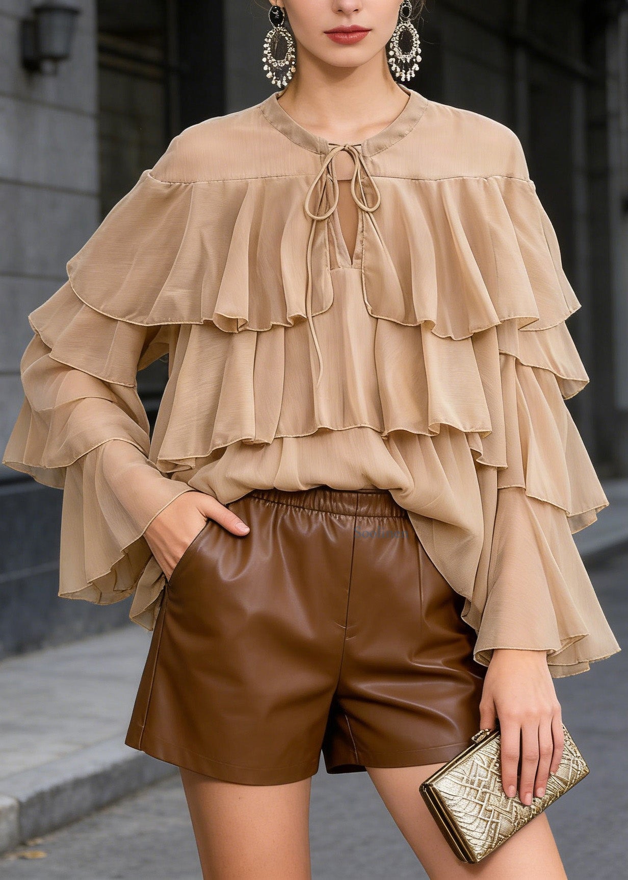 Chic Light Brown O Neck Ruffled Patchwork Chiffon Blouses Spring