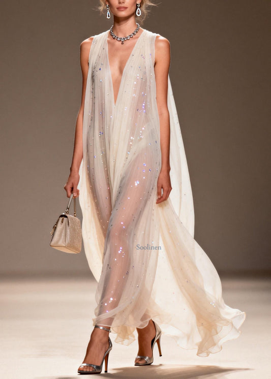 Chic Loose V Neck Zircon Chiffon Dress Sleeveless