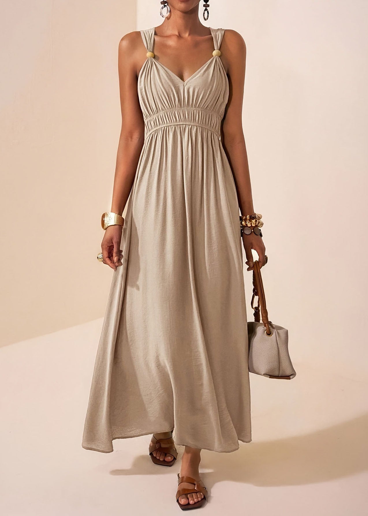 Chic Mulberry V Neck Patchwork Cotton Maxi Dress Sleeveless