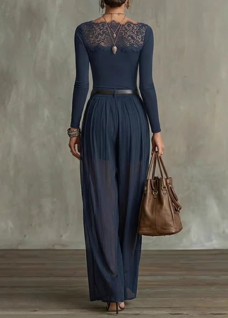 Chic Navy Lace Patchwork Cotton 2 Piece Outfit Summer