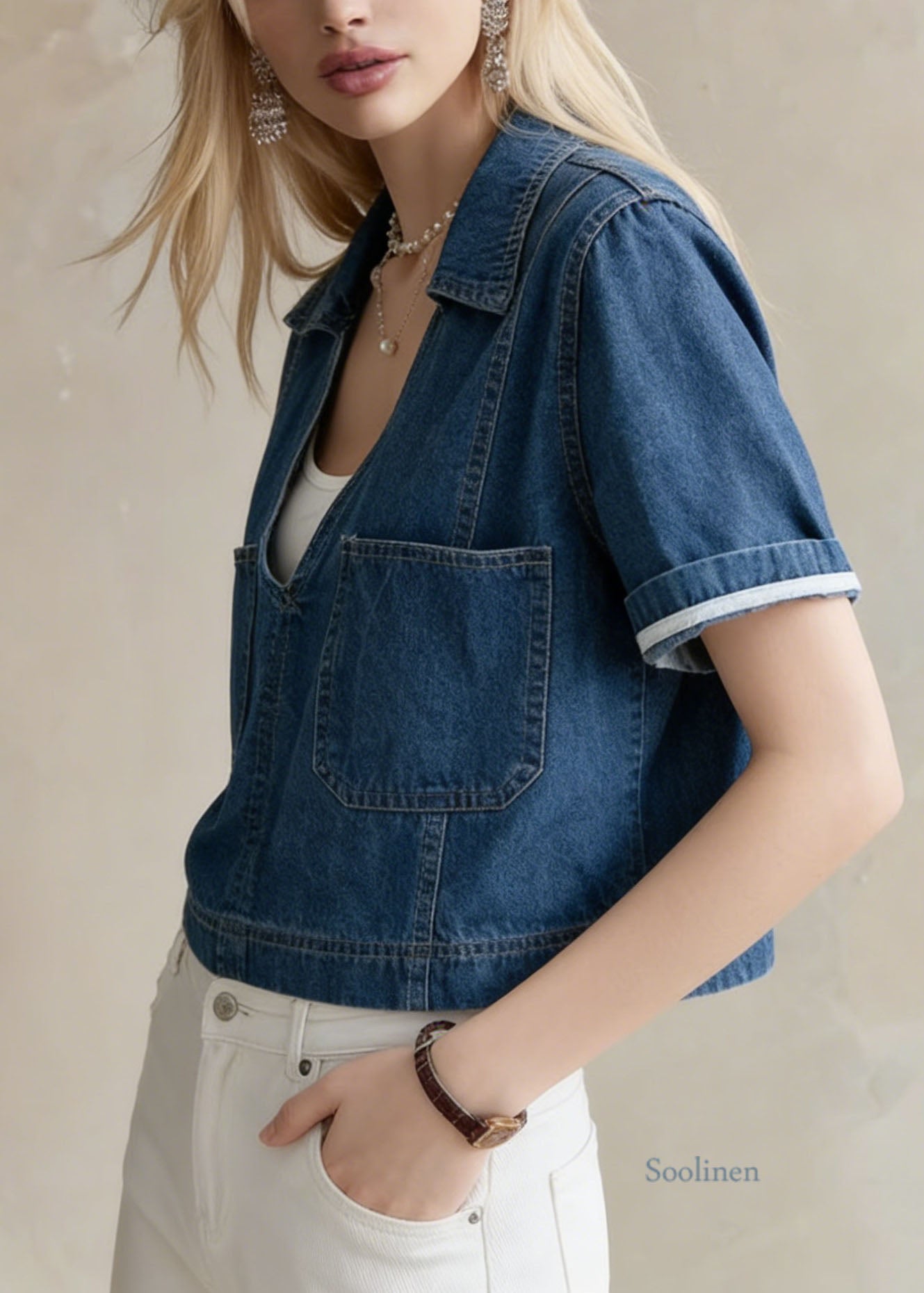 Chic Navy Peter Pan Collar Pockets Denim Short Top Summer