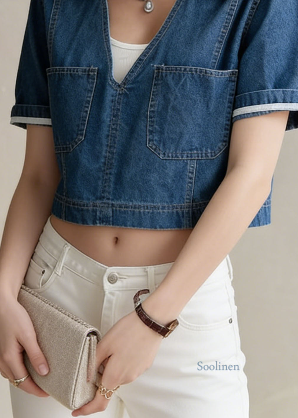 Chic Navy Peter Pan Collar Pockets Denim Short Top Summer