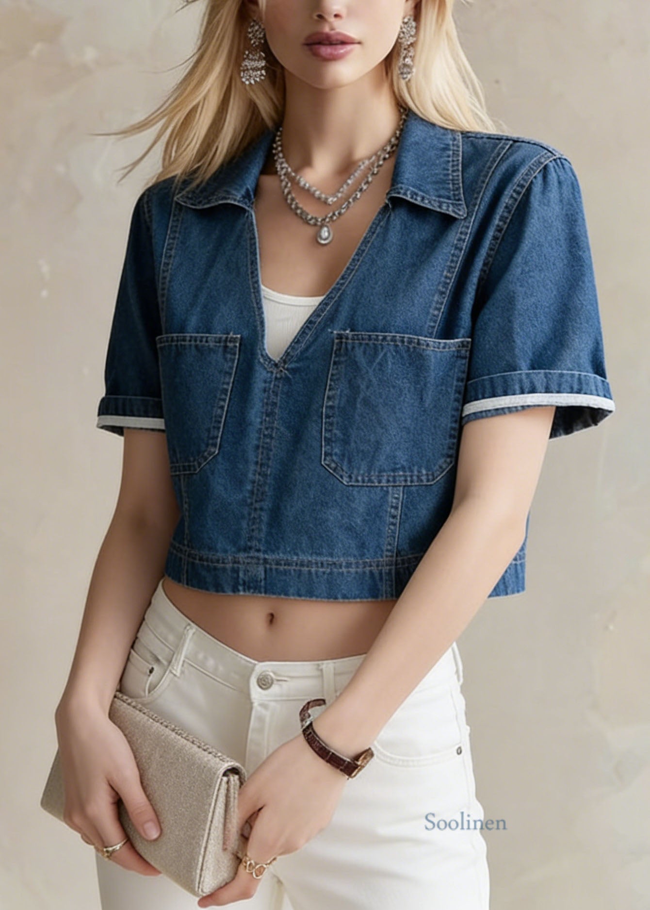 Chic Navy Peter Pan Collar Pockets Denim Short Top Summer