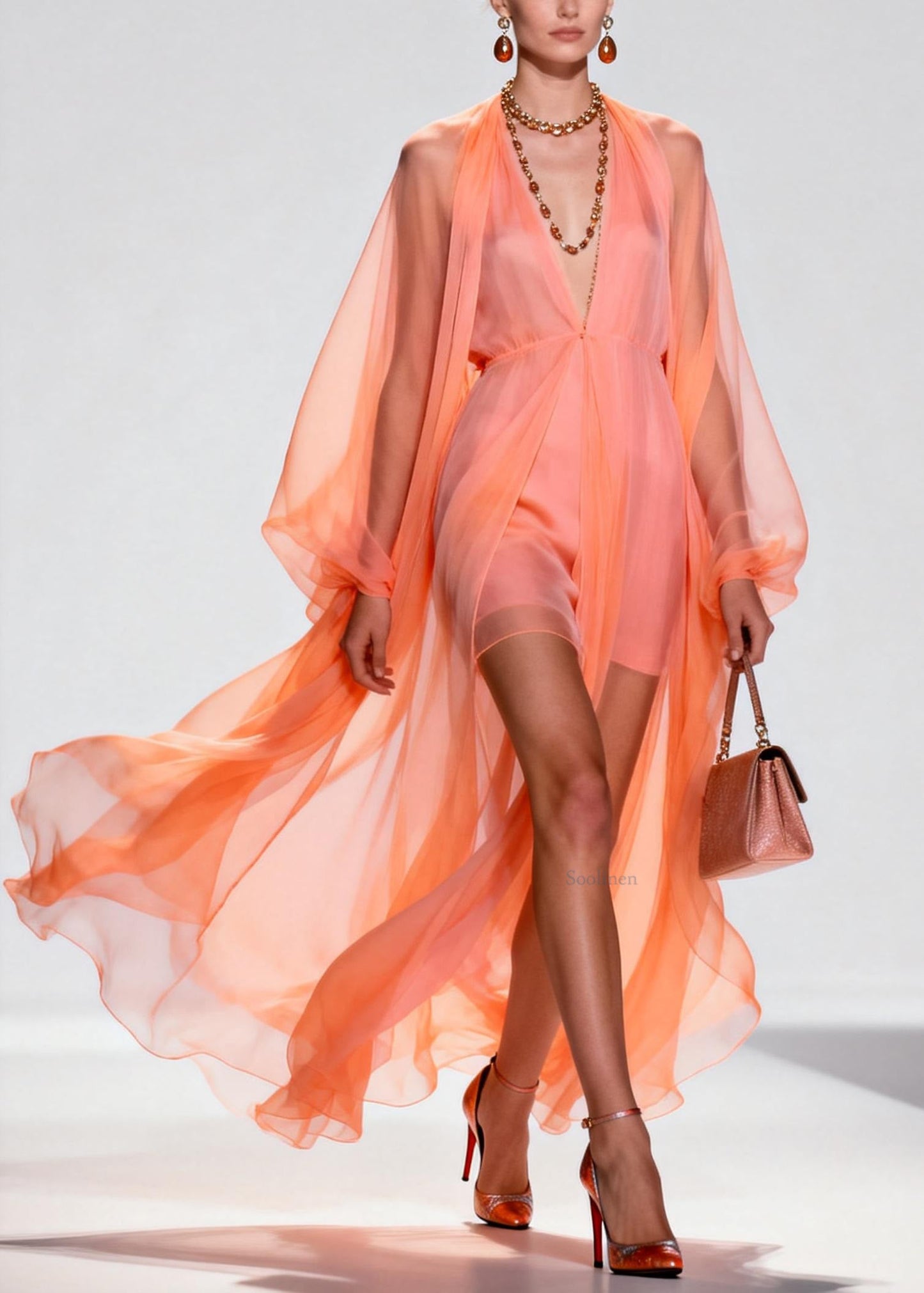 Chic Orange V Neck Patchwork Chiffon Two Pieces Set Summer