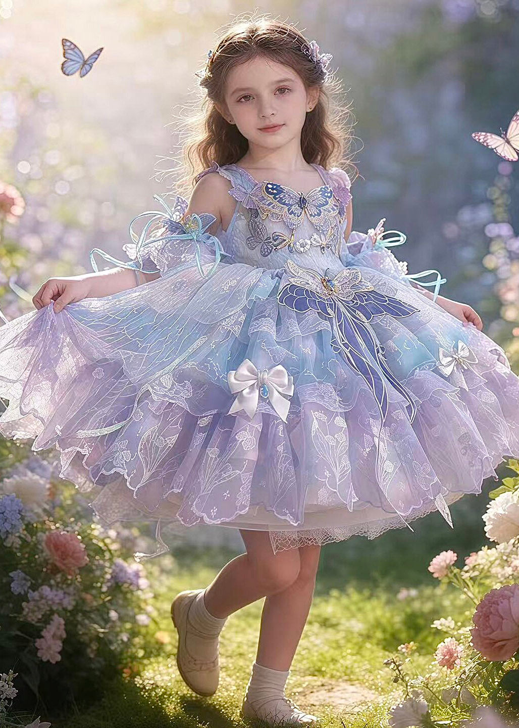 Chic Patchwork Butterfly Tulle Girls Long Dress Summer
