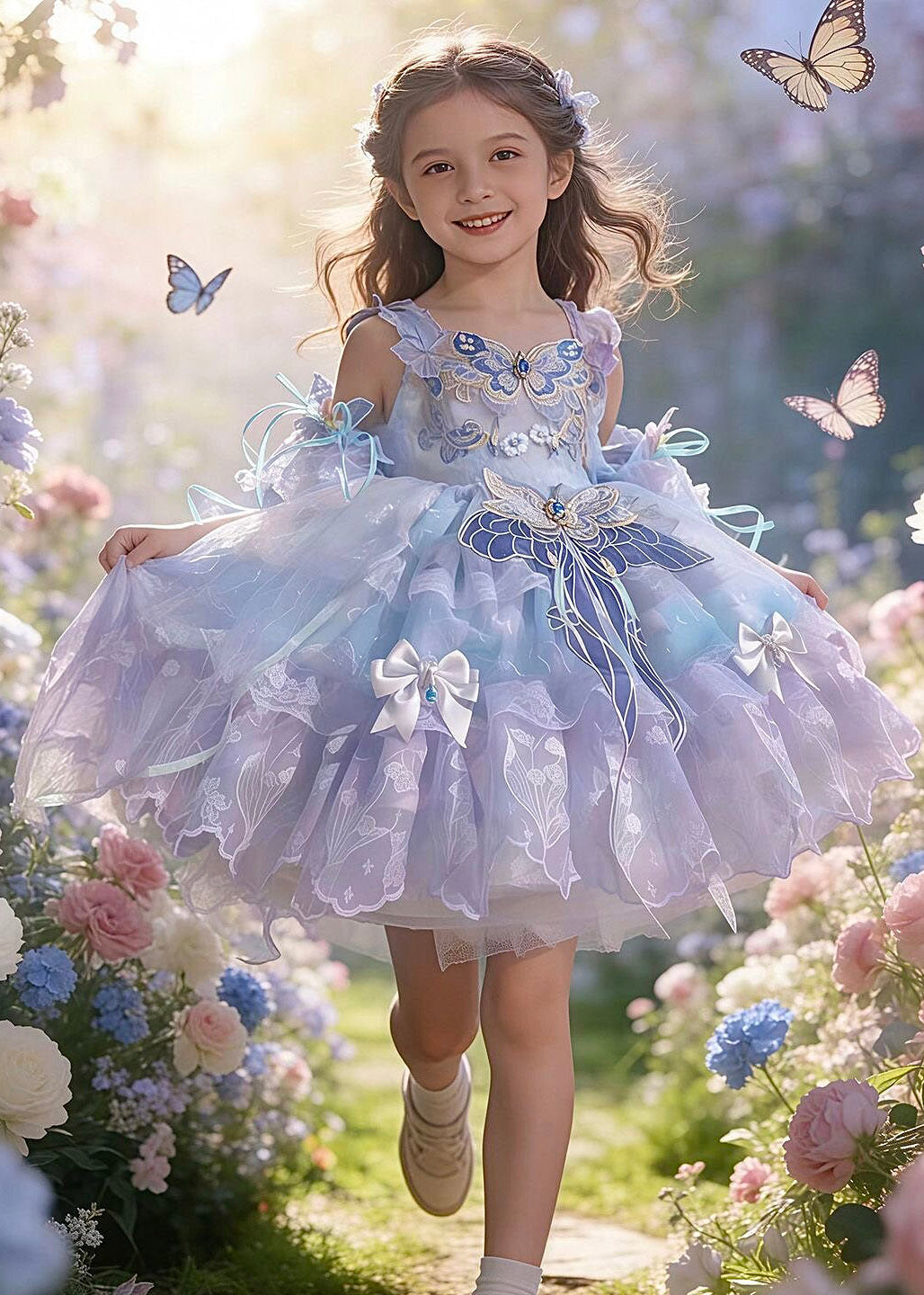 Chic Patchwork Butterfly Tulle Girls Long Dress Summer