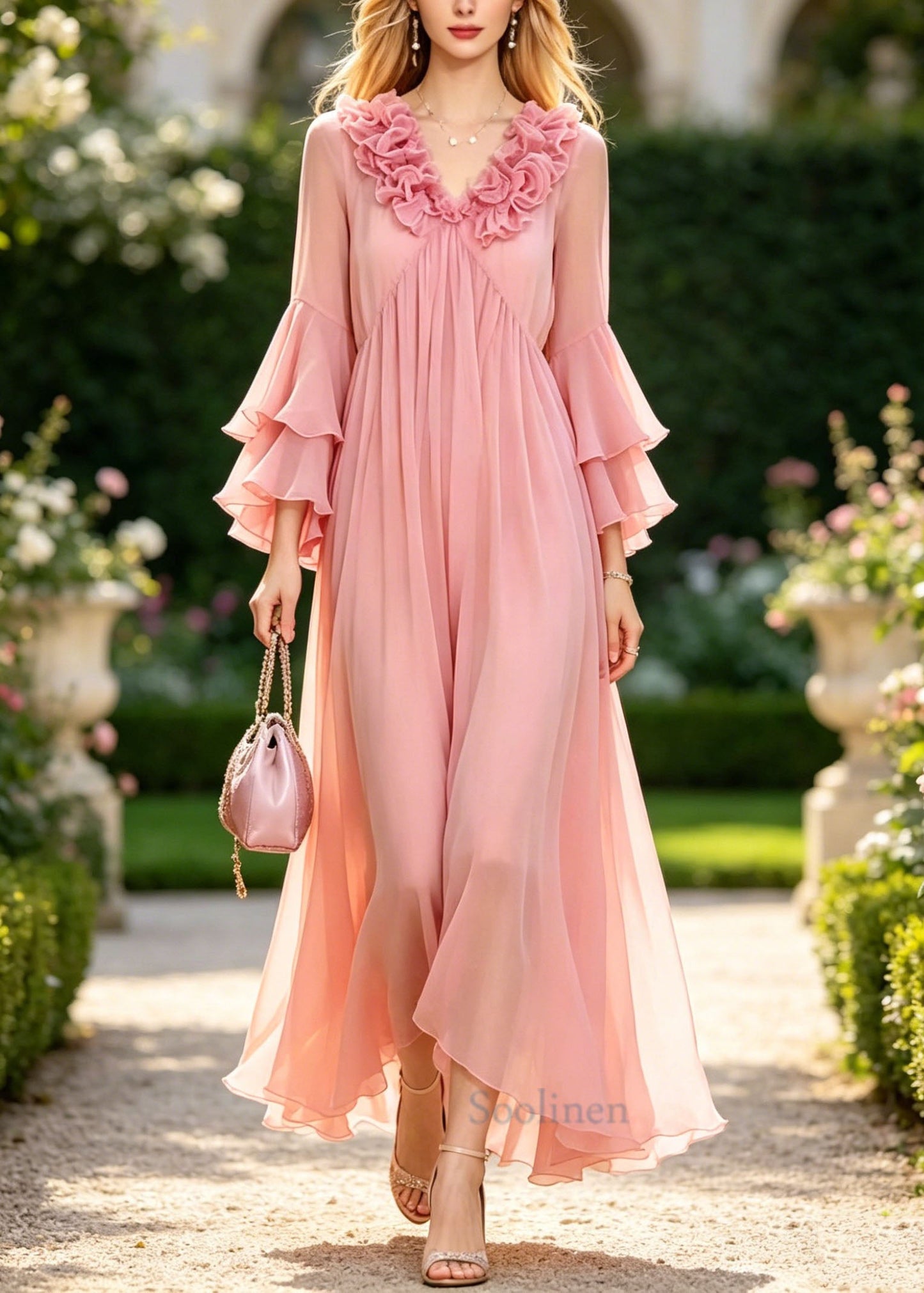 Chic Pink Ruffled Patchwork Chiffon Vacation Dress Flare Sleeve