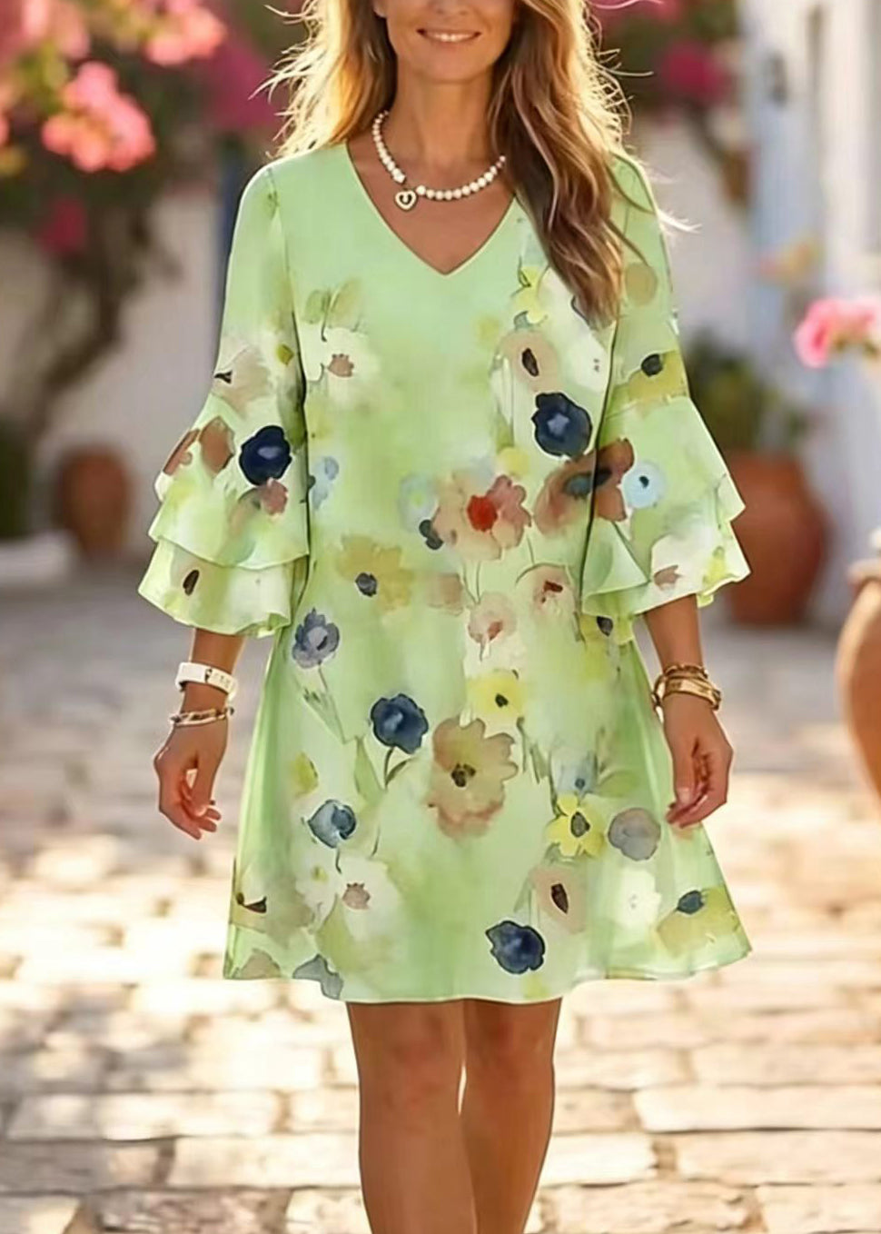 Chic Pink V Neck Print Chiffon Mini Dress Summer