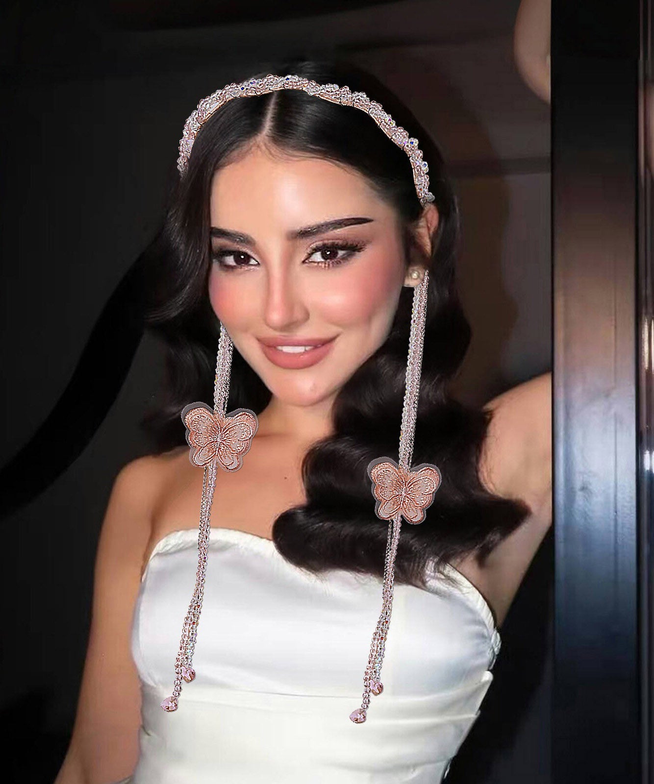 Chic Pink Weave Crystal Butterfly Tassel HairPiece