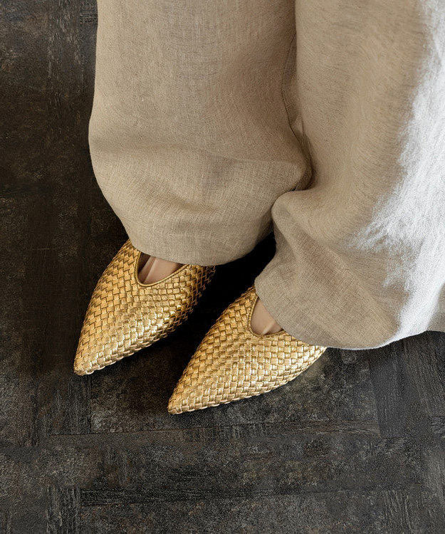 Chic Pointed Toe Wedge Shoes Gold Cowhide Leather