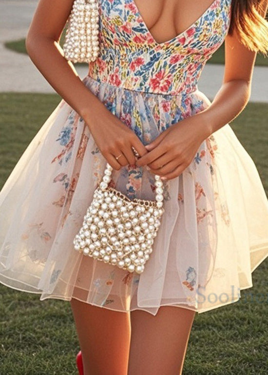 Chic Print V Neck Tulle Patchwork Cotton Mini Dress Summer