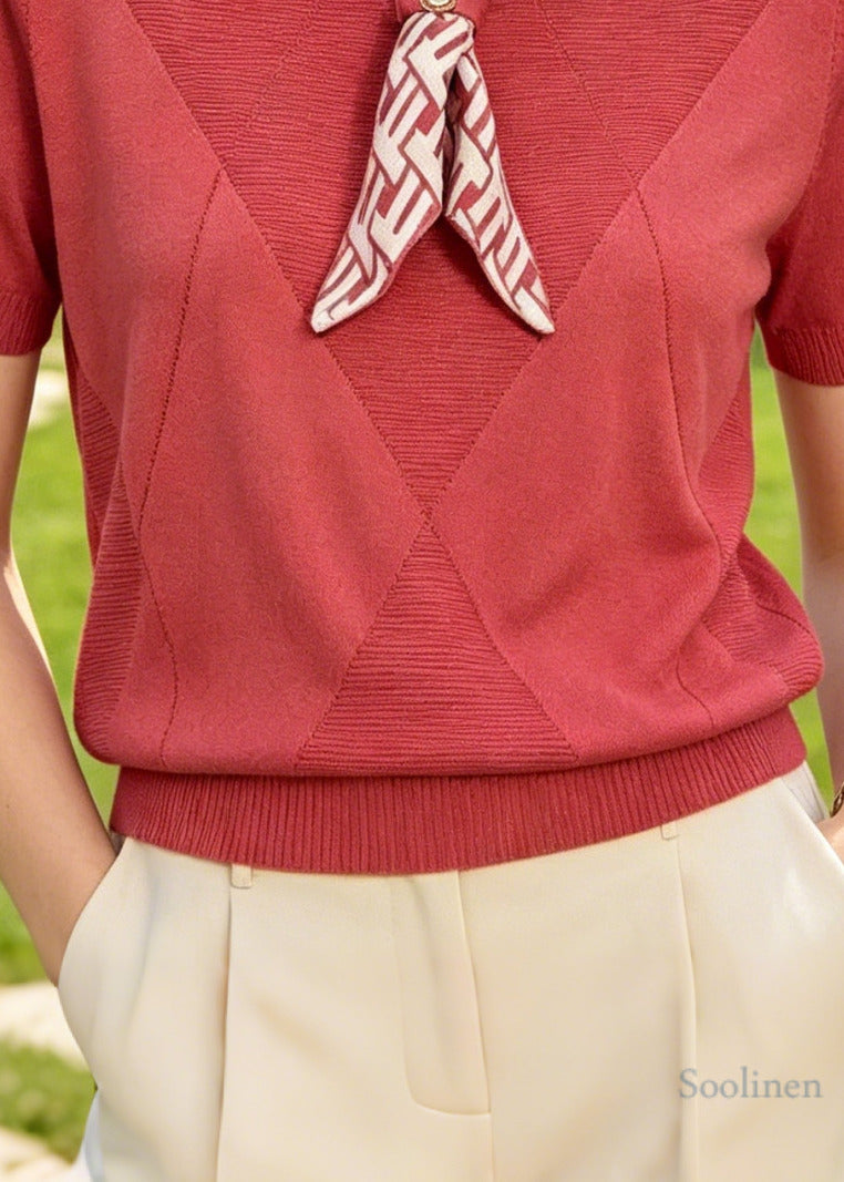 Chic Red Bow Knit Shirt Tops Summer