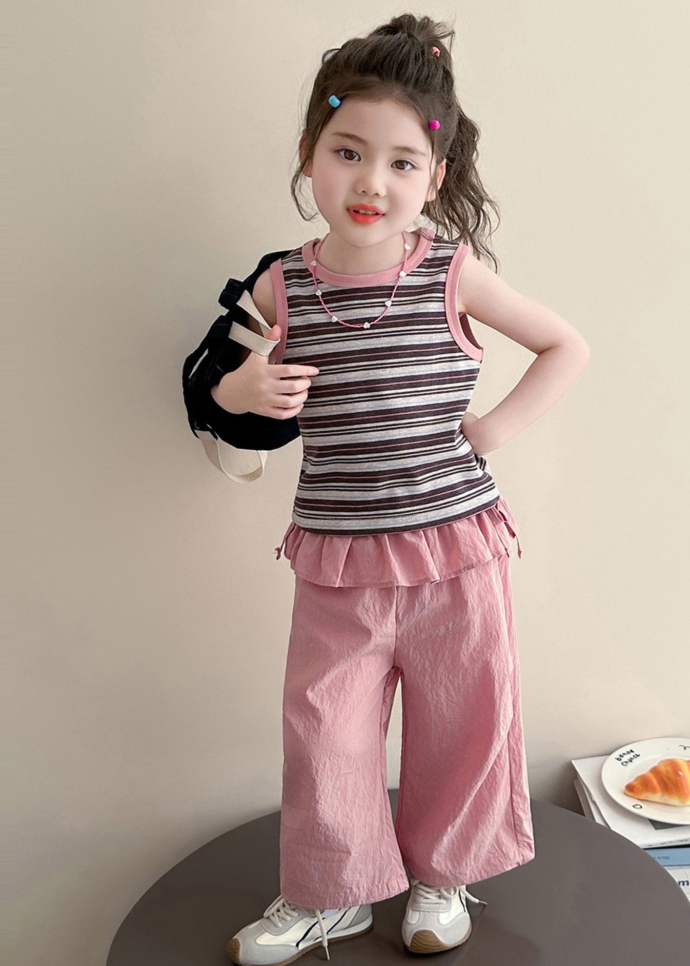 Chic Rose Ruffled Patchwork Striped Cotton Baby Girls Two Pieces Set Summer