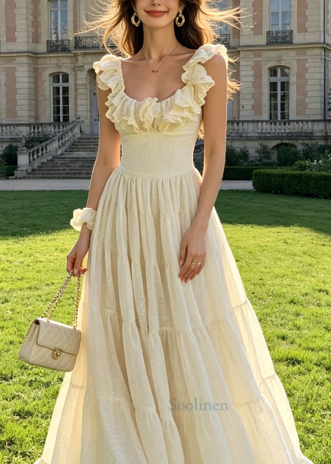 Chic Ruffled Wrinkled Patchwork Cotton Ankle Dress Summer