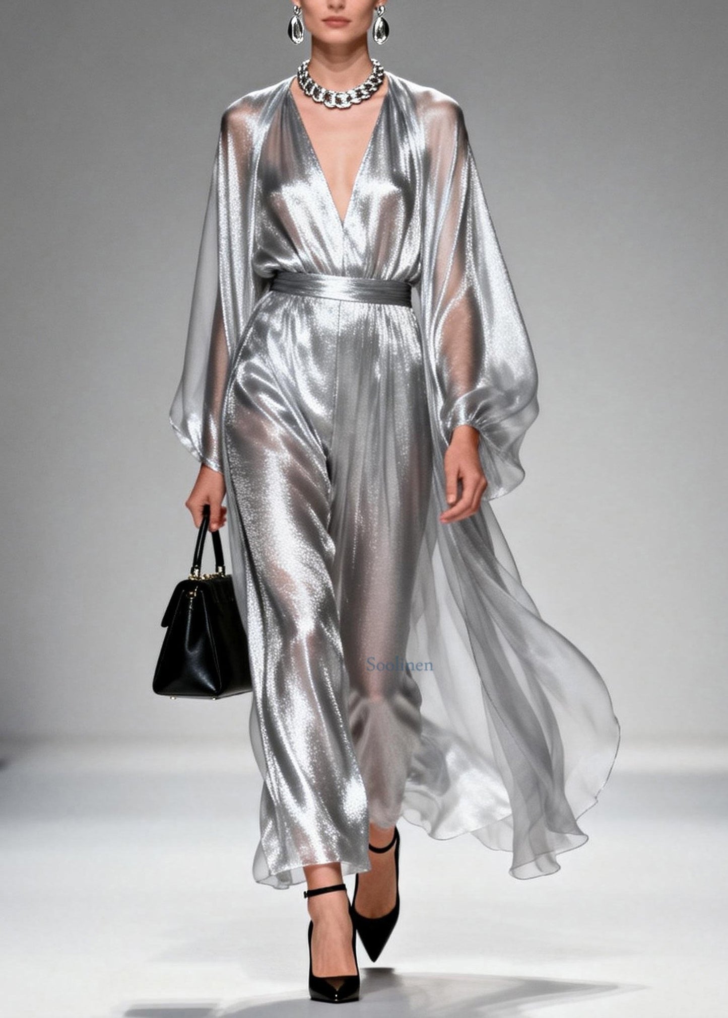 Chic Silver V Neck Silk Long Dresses Spring