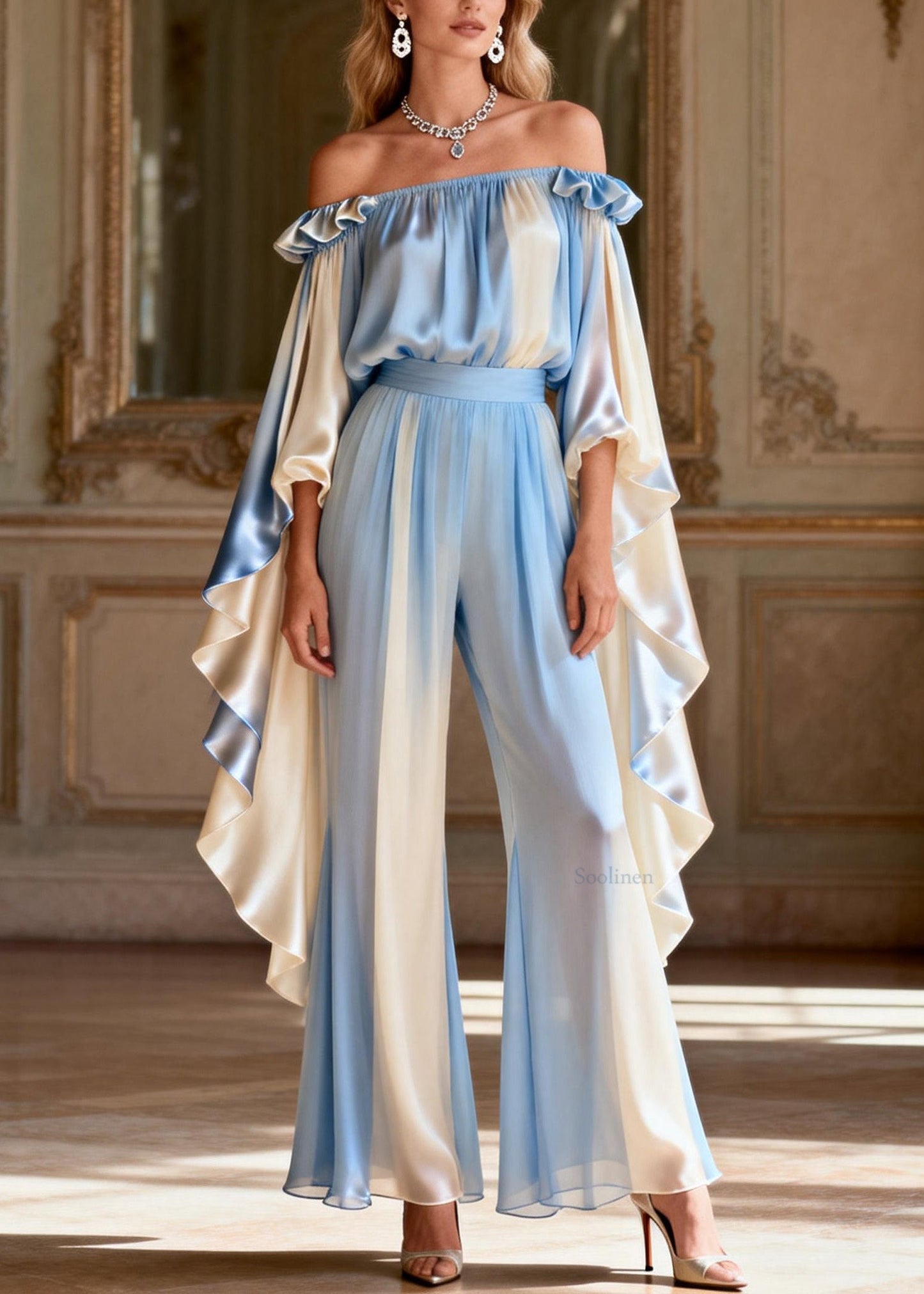 Chic Slash Neck Asymmetrical Patchwork Silk Two-Piece Set Spring