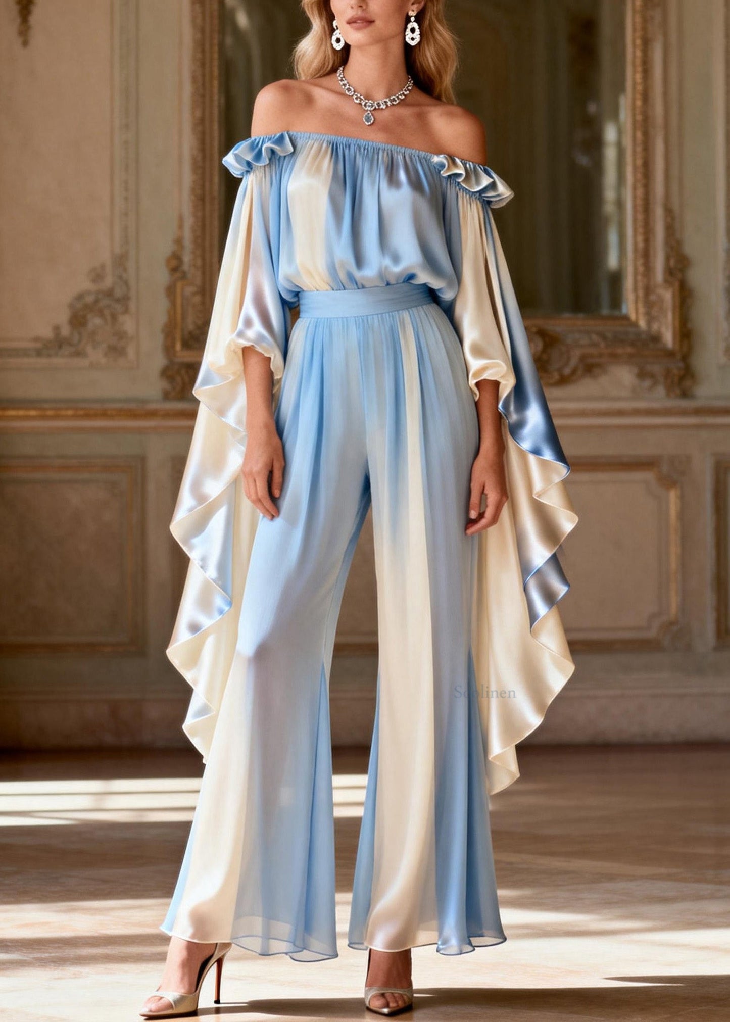 Chic Slash Neck Asymmetrical Patchwork Silk Two-Piece Set Spring