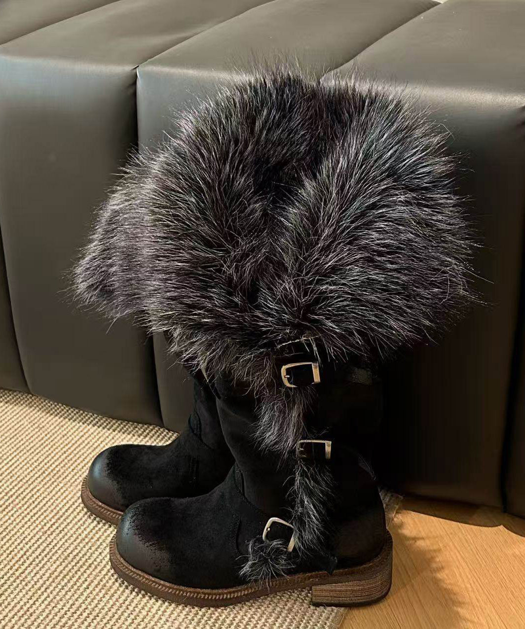 Chic Suede Grey Suede Splicing Boots Fuzzy Wool Lined