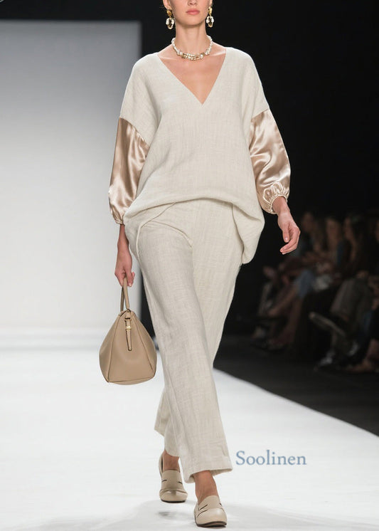 Chic V Neck Patchwork Linen Silk Two Pieces Set Spring