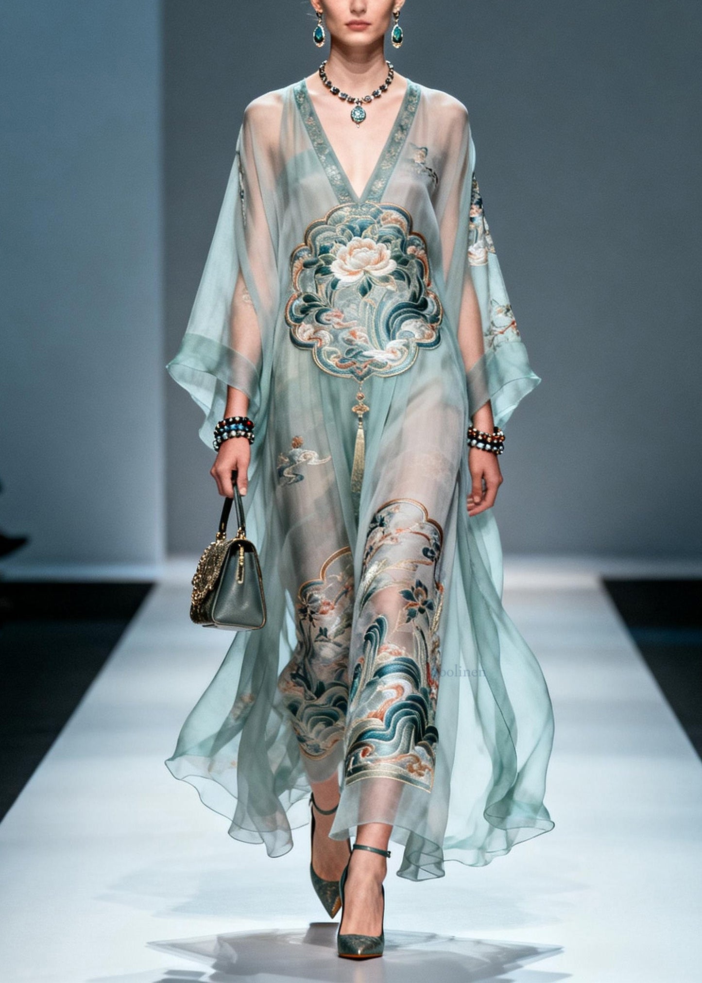 Chic V Neck Print Loose Chiffon Long Dress Spring