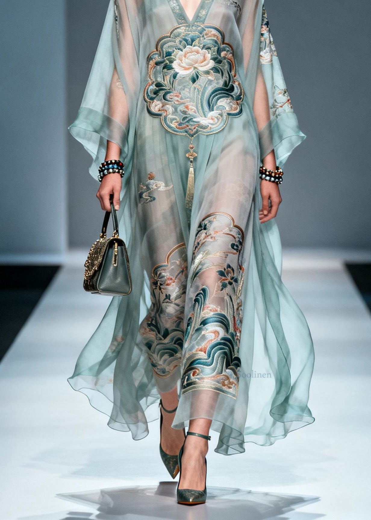 Chic V Neck Print Loose Chiffon Long Dress Spring