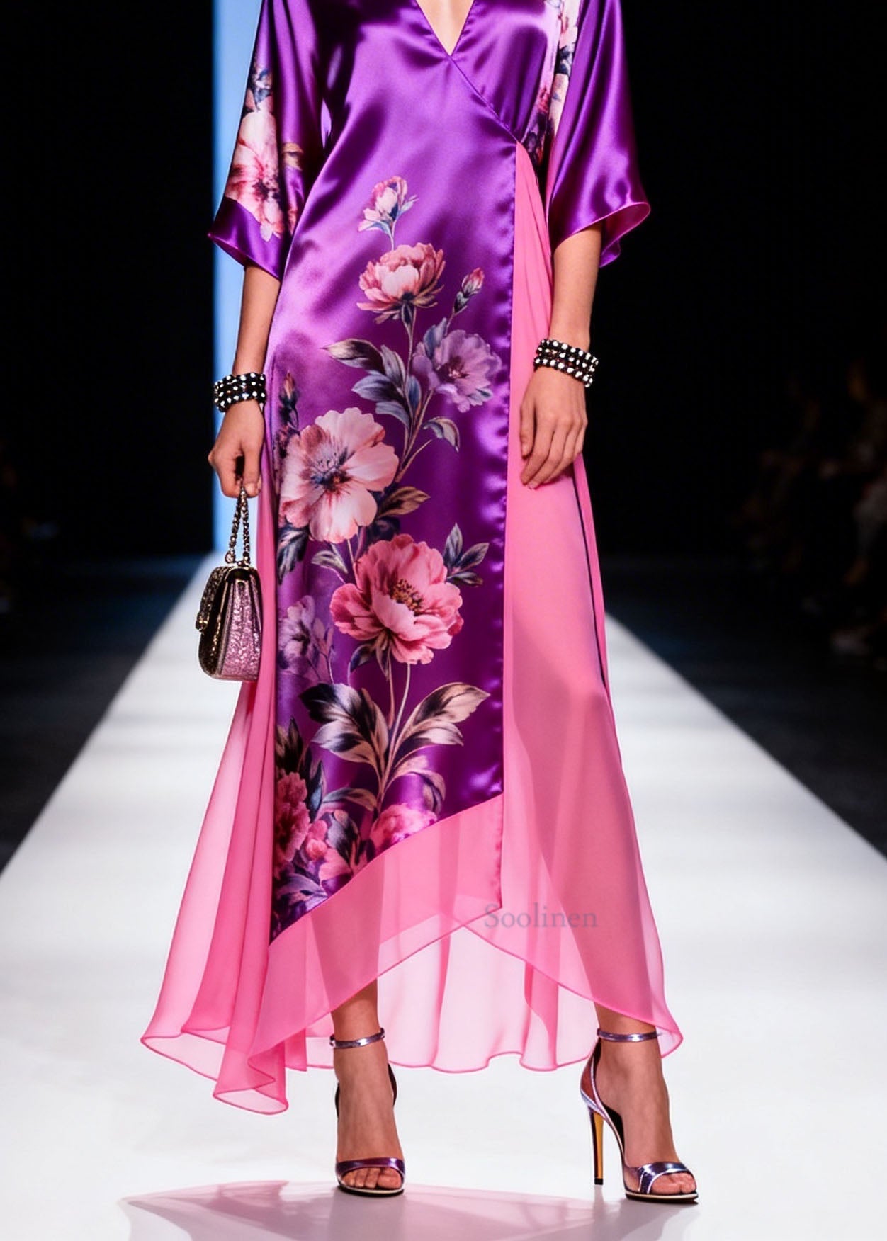 Chic V Neck Print Patchwork Silk Long Dress Summer