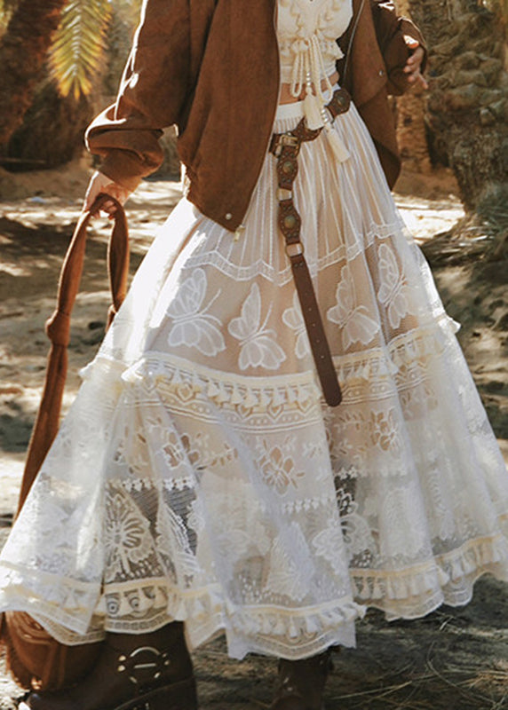 Chic White Floral Elastic Waist Sashes Tassel Maxi Skirts