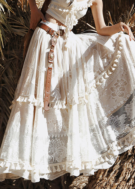 Chic White Floral Elastic Waist Sashes Tassel Maxi Skirts