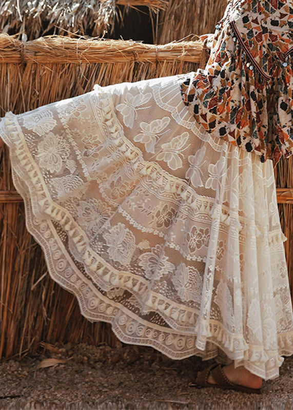 Chic White Floral Elastic Waist Sashes Tassel Maxi Skirts