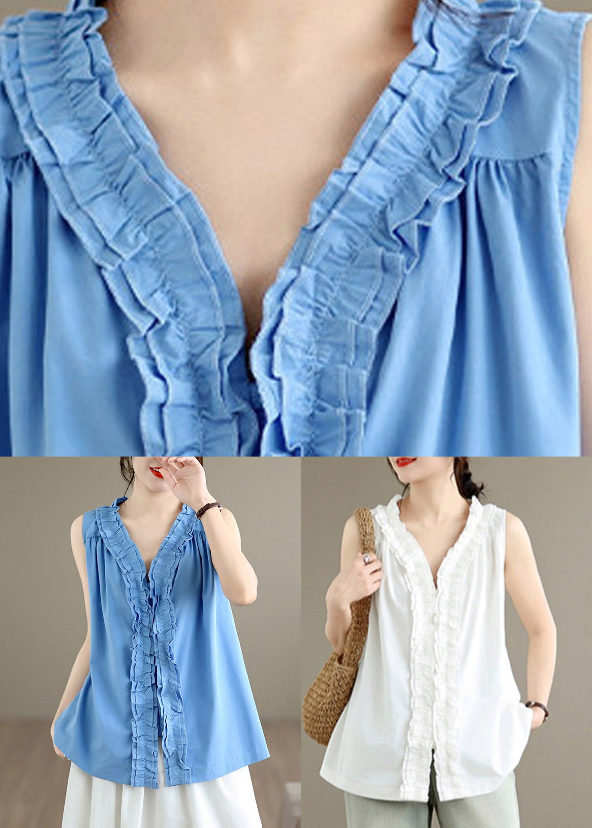 Chic White Ruffled Patchwork Solid Vest Sleeveless