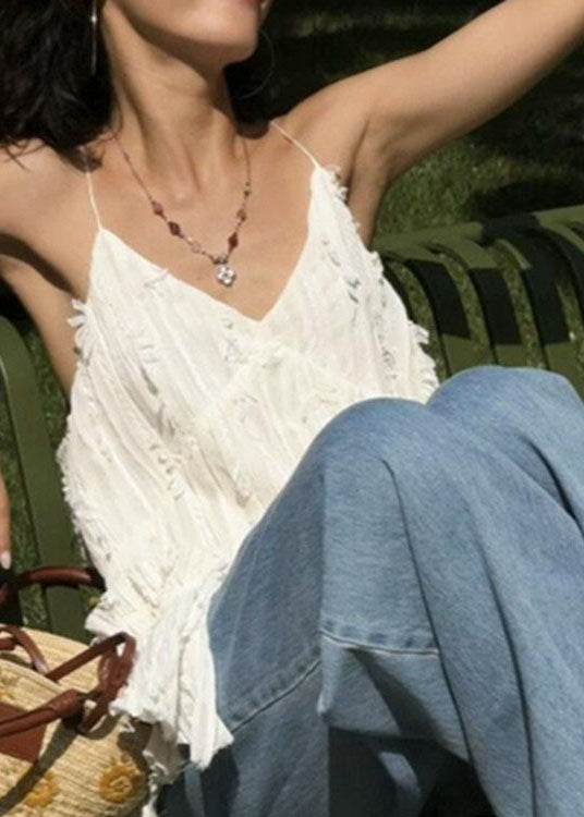 Chic White V Neck Patchwork Cotton Spaghetti Strap Tops Summer