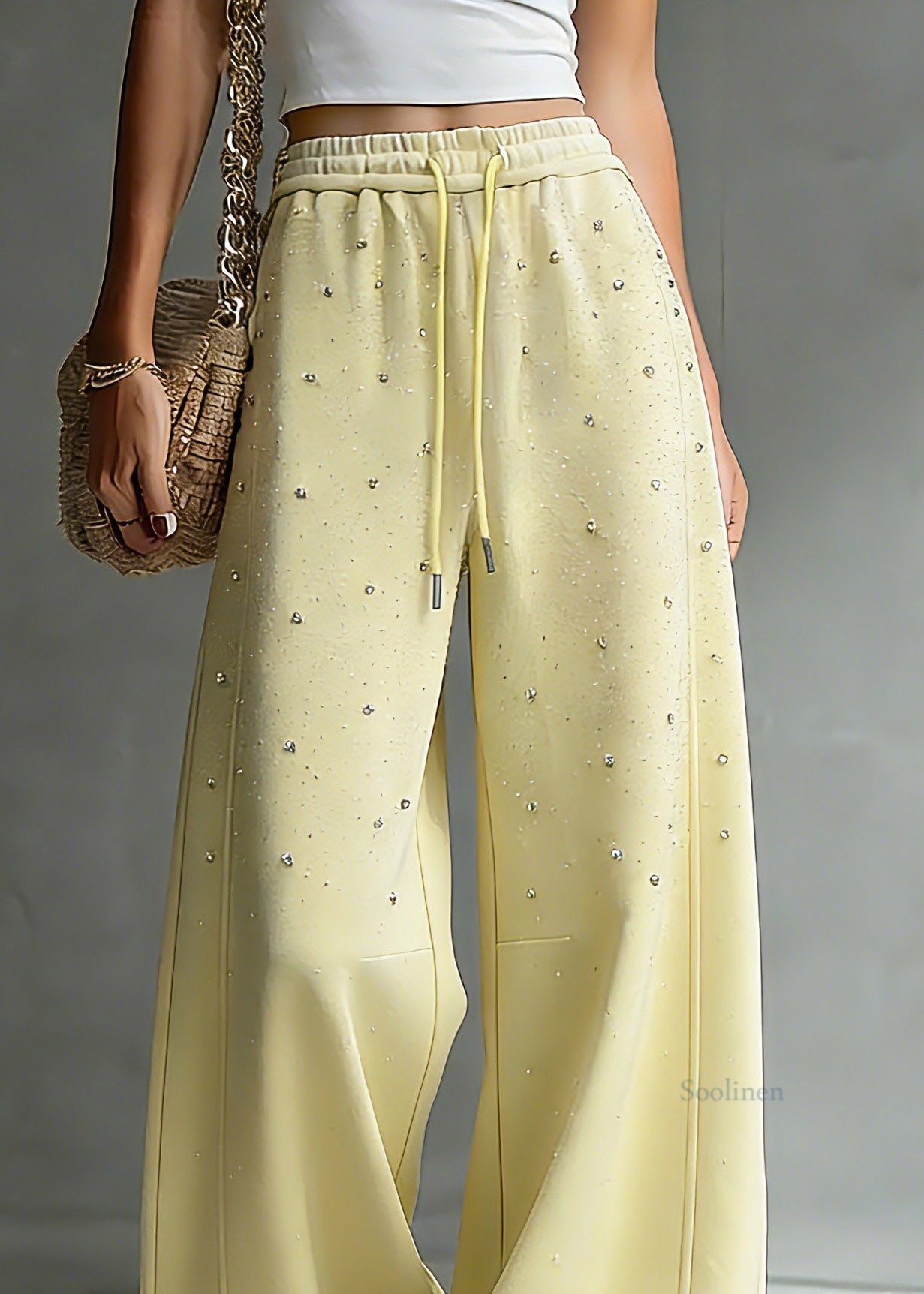 Chic Yellow Drawstring Pockets Patchwork Rivet Lantern Pants Spring