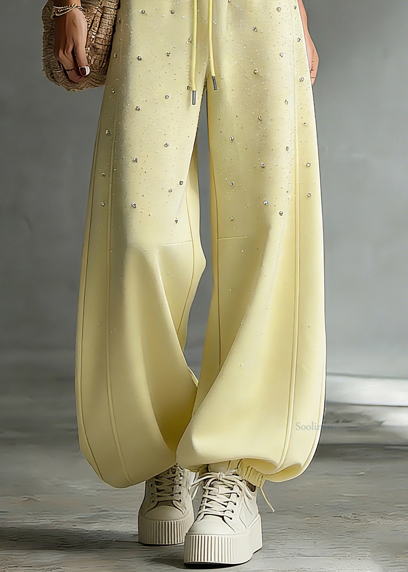 Chic Yellow Drawstring Pockets Patchwork Rivet Lantern Pants Spring