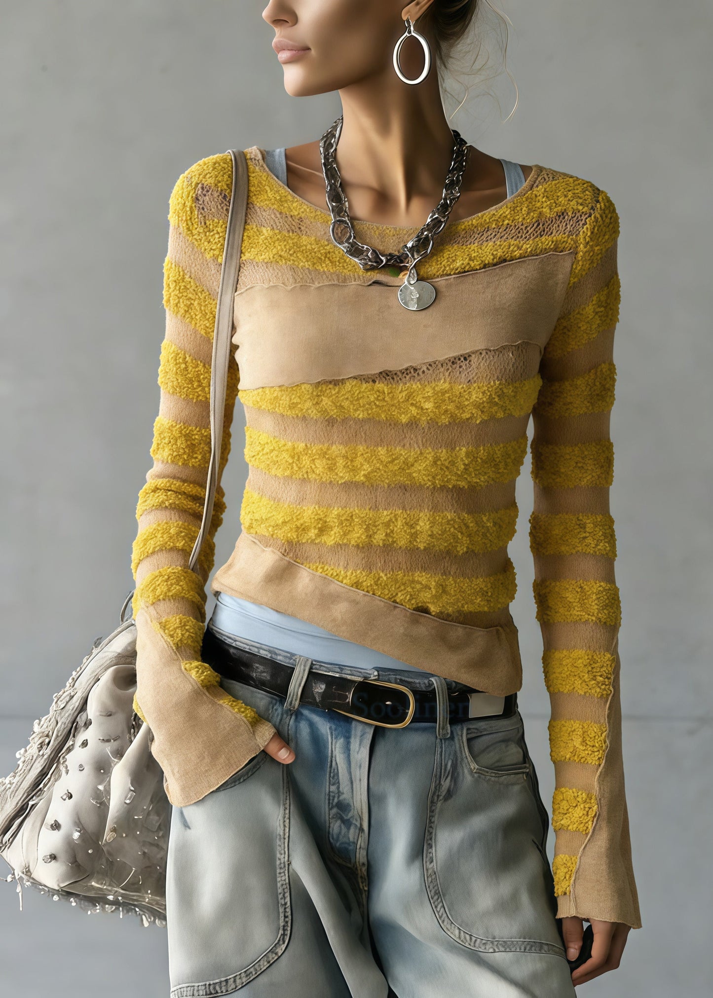 Chic Yellow Striped Patchwork Knit Top Spring