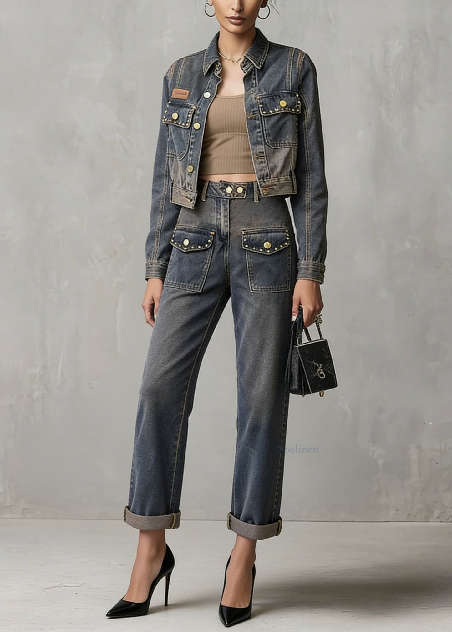 Chic Blue Rivet Pockets Denim Two Piece Set Women Clothing Spring