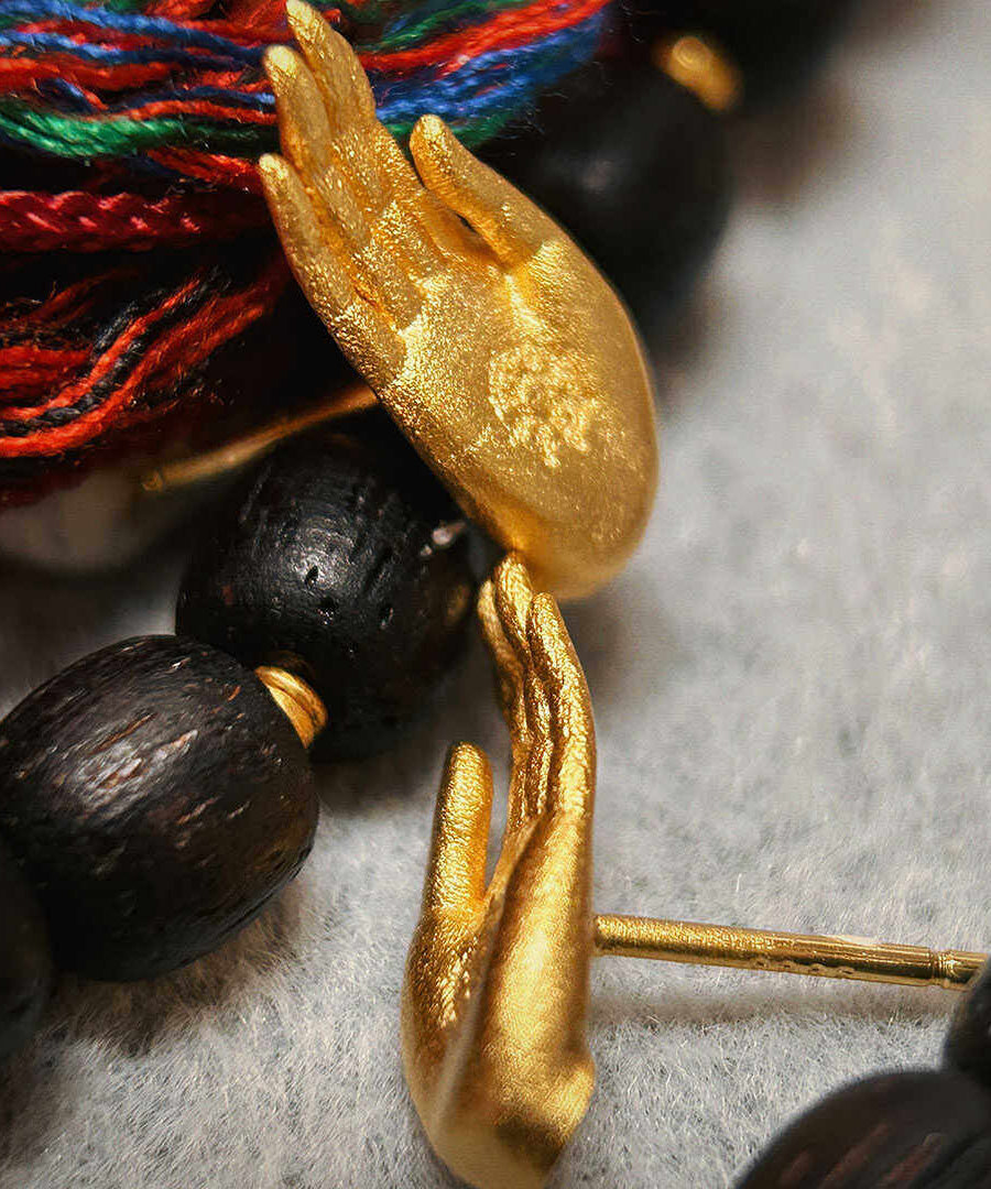 Chinese Style Ancient Method Silver Gold-Plated Fearless Buddha's Seal Stud Earrings