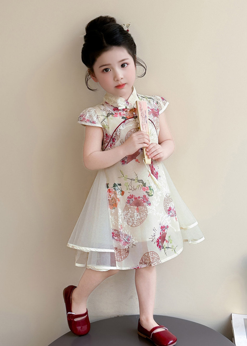 Chinese Style Apricot Stand Collar Print Tulle Kids Long Dresses Short Sleeve