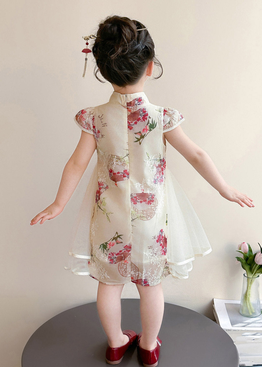 Chinese Style Apricot Stand Collar Print Tulle Kids Long Dresses Short Sleeve