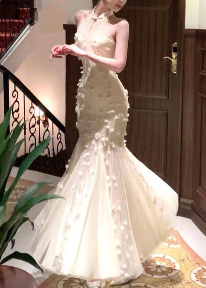 Chinese Style Apricot Stand Collar Tulle Holiday Maxi Dress Summer