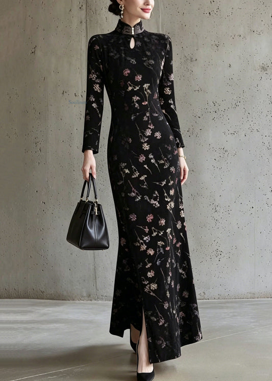 Chinese Style Black Stand Collar Print Cotton Dress Fall