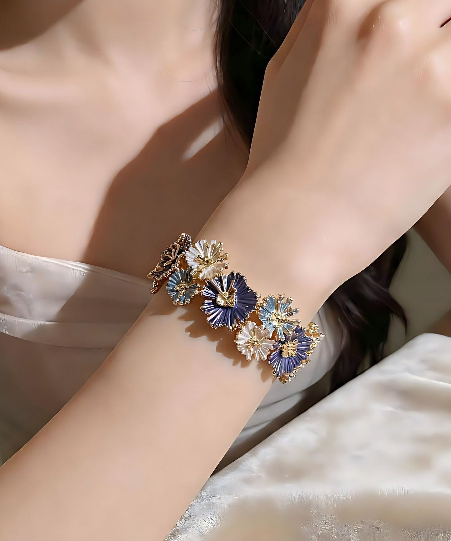 Chinese Style Blue Alloy Hollow Out Floral Bangle
